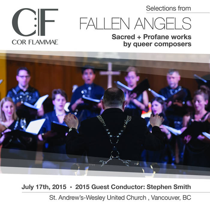 a man conducting a choir wearing a black suit and a leather harness, the choir is singing and dressed in leather fetish wear